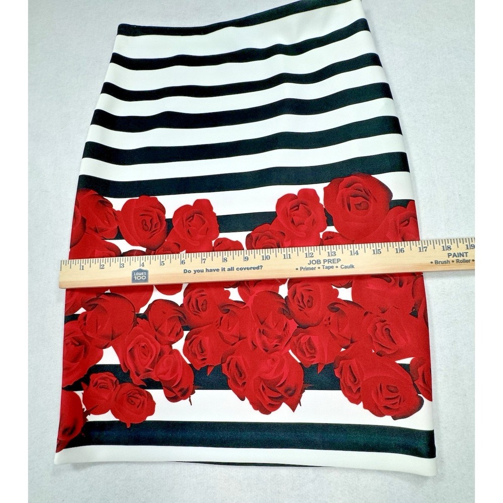 Joseph Ribkoff Pencil Skirt Women 4 Black White Stripe Red Rose Floral Pull On - Picture 9 of 11
